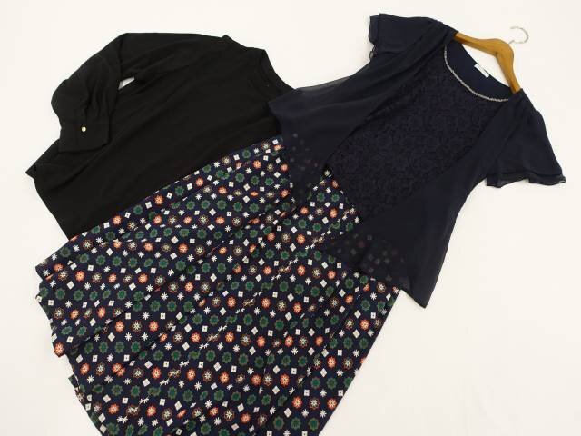 美品 GLACIER等 半袖カットソー+長袖カットソー+ロング丈スカート コーデ3点セット L 紺 花/黒/紺地 総柄 シンプル・きれいめ系 20代・30代拍卖