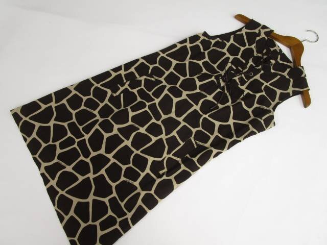 美品 マイケルコース MICHAEL KORS ひざ丈 デザインネック ノースリーブワンピース 6 ブラウン×ベージュ アニマル柄&英字 【メール便可】拍卖