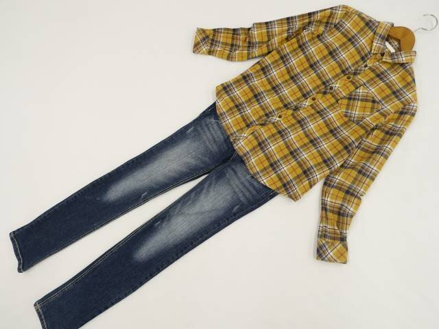 美品 earth music&ecology等 長袖シャツ+デニムスリムパンツ コーディネート上下2点セット S相当 黄 チェック/青 カジュアル系 30代~40代拍卖