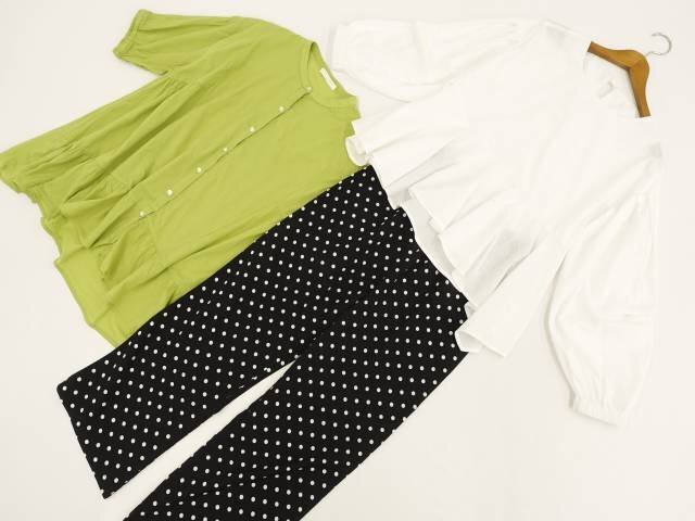 美品 KURICA等 長袖POブラウス+長袖ブラウス+イージーパンツ コーデ3点セット M相当 白/緑/黒地 白 水玉 カジュアル系 20代・30代・40代拍卖