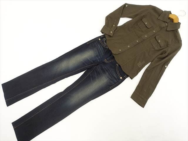 美品 Le souk等 長袖シャツ+デニムローライズスリムパンツ コーディネート2点セット S相当 カーキー/ブルー系 カジュアル系 20代~拍卖