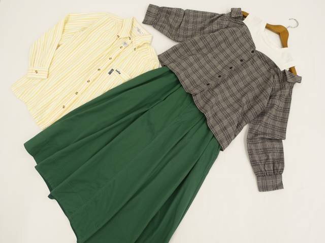 美品 studio CLIP等 カットソー+シャツ+ロングスカート コーデ3点セット M グレー系 チェック&白/黄系 ストライプ/緑 カジュアル系 20代~拍卖