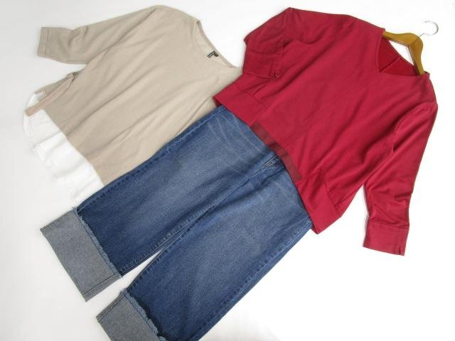美品 grove等 カットソー2点+デニムストレートパンツ コーデ3点セット L相当 赤系/ベージュ×白/青 カジュアル系 20代~40代拍卖