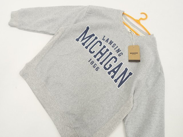 キッズ 訳あり未使用品 MONOSO BLK.Label 長袖 クルーネック 裏起毛トレーナー 160 グレー杢地 ホワイト×ネイビー 英字拍卖