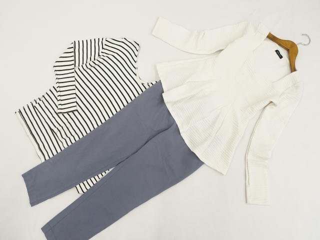 美品 EGOIST等 長袖カットソー2点+イージーテーパードパンツ コーデ3点セット M相当 白/白×黒 ボーダー/青系 カジュアル系 20代~30代拍卖