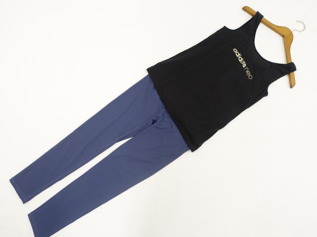 美品 adidas neo等 タンクトップ+レギンス コーディネート2点セット スポーツ LL相当 ブラック ゴールド 英字/ネイビー スポーツ系 20代~拍卖