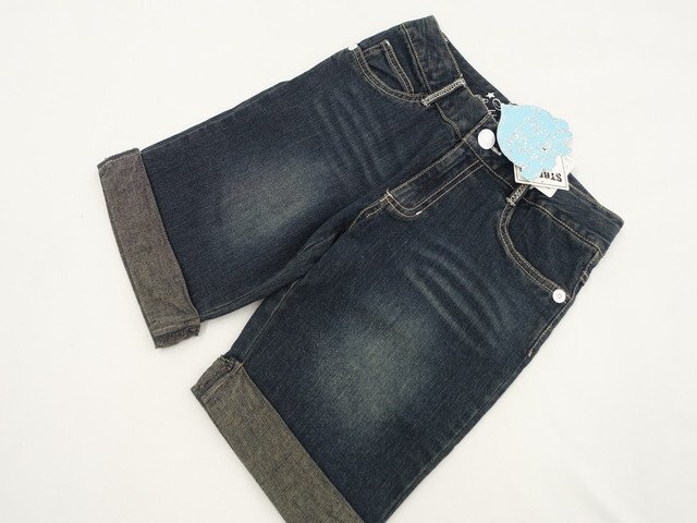 キッズ 新品タグ付 Kgirl ノータックハーフデニムパンツ 150 ネイビー ラメ入り/グレー系 ラメ入り 英字/ブルー系 ラメ入り 星&数字拍卖