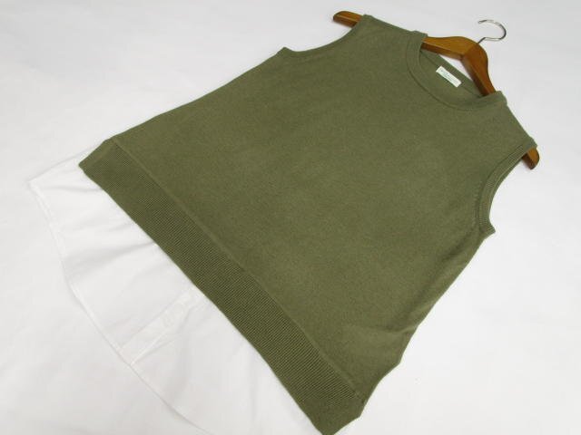 美品 earth music&ecology Natural Label ノースリーブ 洗えるフェイクレイヤードニットカットソー F カーキ×ホワイト 【メール便可】拍卖