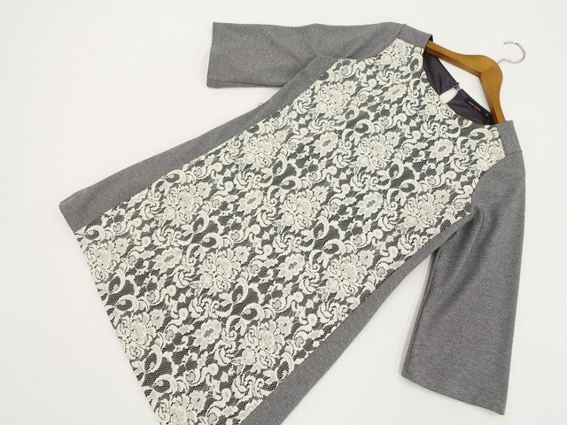 美品 グレイマジック GRAY MAGIC ひざ丈 七分袖 ラウンドネック レースワンピース M グレー杢 アイボリー 総柄拍卖