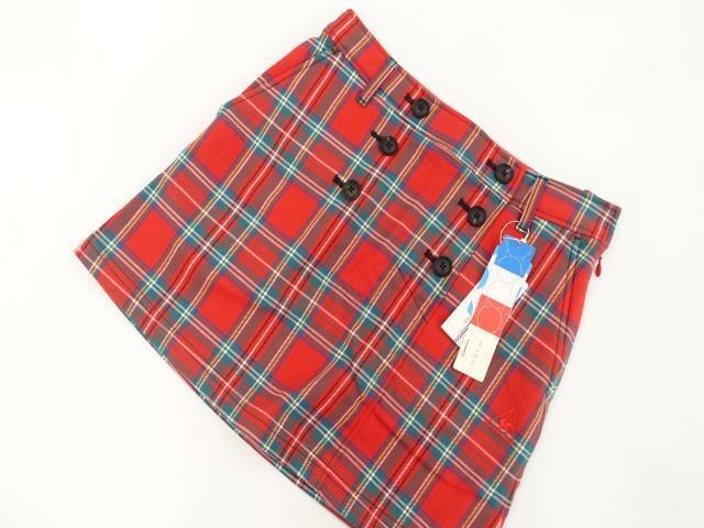 新品タグ付 ルコックスポルティフ le coq sportif ミニ丈 台形スカート スポーツ ゴルフ 9 赤×白×黄 チェック柄&英字&ロゴ刺繍拍卖