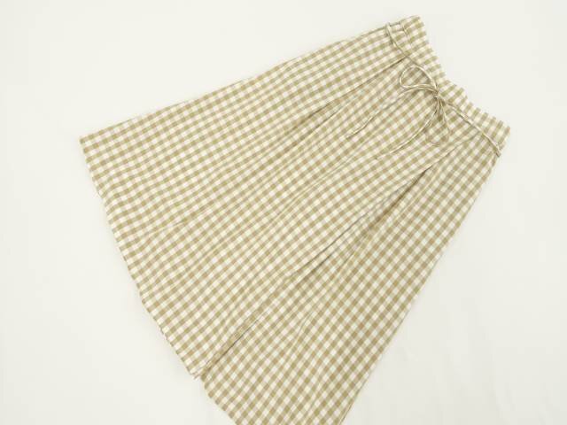 美品 コムサイズム COMME CA ISM 洗えるノータックワイドパンツ 7 ベージュ×オフホワイト ギンガムチェック柄拍卖