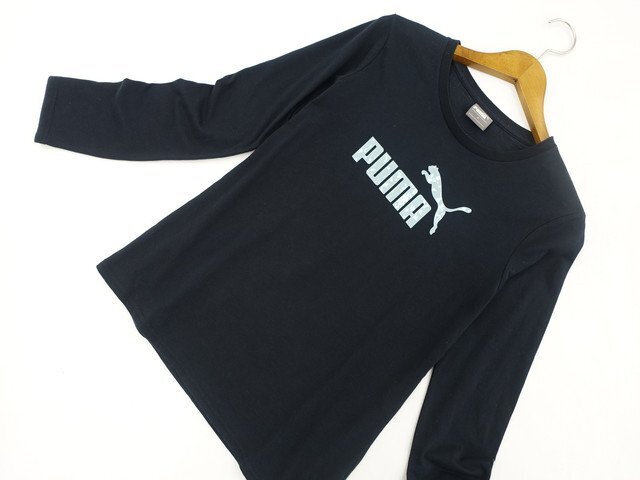 美品 プーマ PUMA 長袖 ラウンドネック Tシャツ M ブラック地 ライトブルー 英字ロゴ 【メール便可】拍卖