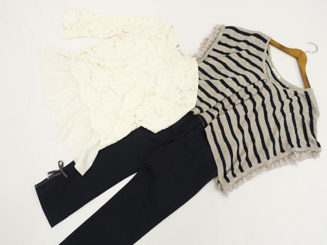 美品 PAJARITO等 九分袖&半袖カットソー+クロップドパンツ コーデ3点セット M 白系 花/グレー×紺 ボーダー/紺 フェミニン系 20代・30代拍卖