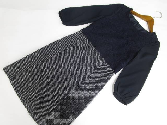 美品 innowave ひざ丈 パフ九分袖 ツイード&レースドッキングワンピース S ネイビー 花柄&ブラック×ホワイト チェック柄&ネイビー拍卖