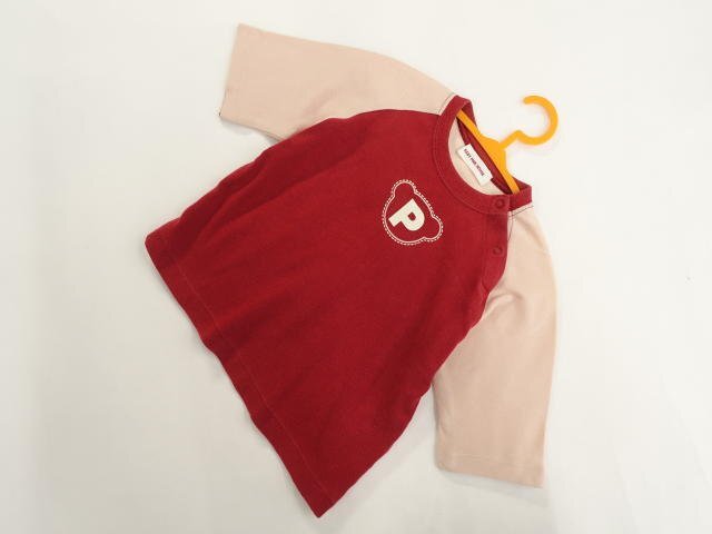 キッズ 美品 BABY PINK HOUSE ラグランスリーブ 半袖 洗えるTシャツ M レッド/ピンク ホワイト 英字&クマのプリント 【メール便可】拍卖