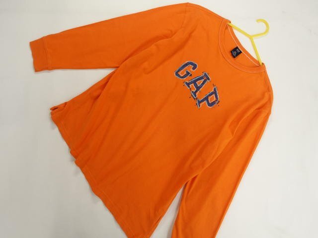 キッズ 美品 ギャップ GAPKIDS 長袖 ラウンドネック 洗えるTシャツ XXL オレンジ地 ホワイト×ブルー ロゴ 【メール便可】拍卖