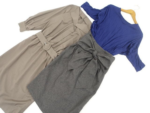 福袋 新品3点セット Otto Collection&FABIA 五分袖カットソー+膝丈タイトスカート+長袖膝丈ワンピース S相当 青&グレー杢/グレー/グレー系拍卖