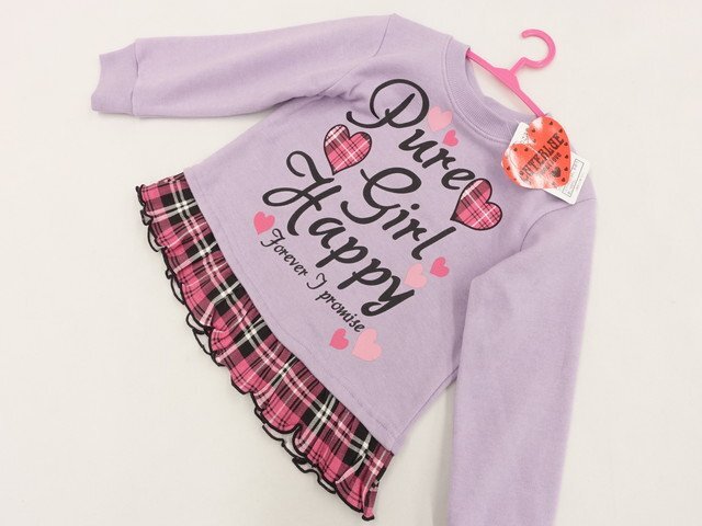 キッズ 新品タグ付 CUTEBLUE sweet love 長袖 クルーネック 裏起毛カットソー 100 紫地 英字&ピンク×黒 チェック柄 【メール便可】拍卖
