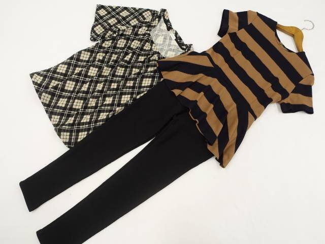 美品 ESPRITMUR等 ペプラムカットソー+チュニック+レギンス コーデ3点セット L 茶×紺 ボーダー/茶系 チェック/黒 カジュアル系 40代~50代拍卖