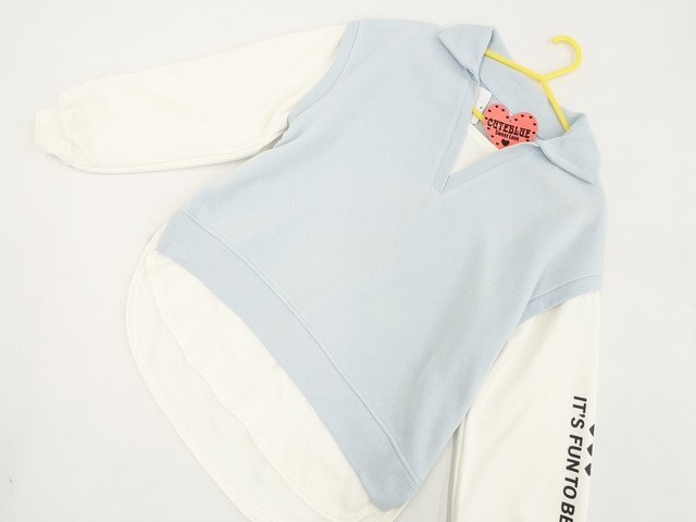 キッズ 新品タグ付 CUTEBLUE sweet Love 長袖 裏起毛フェイクレイヤードカットソー 160 ライトブルー/ホワイト地×ブラック 英字拍卖