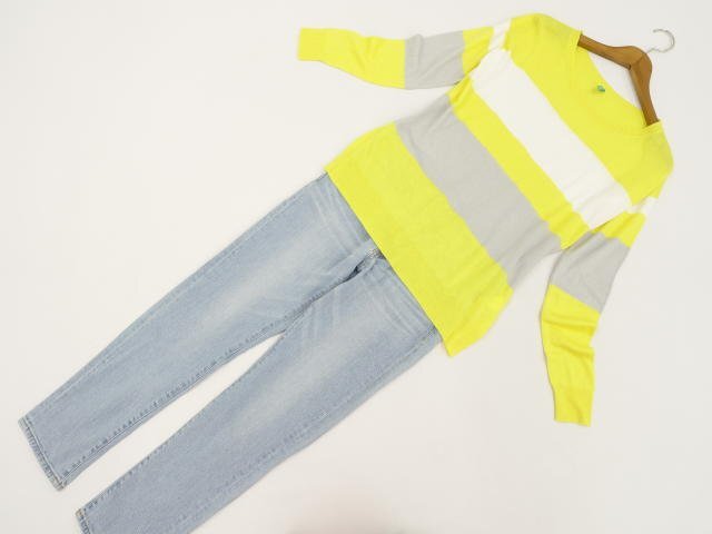 美品 BROWNY STANDARD等 長袖カットソー+デニムスリムパンツ コーデ2点セット S相当 白×黄×グレー ボーダー/青 カジュアル系 20代~40代拍卖
