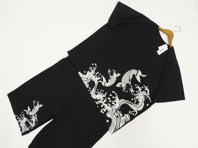 大きいサイズ メンズ 新品タグ付 vide et bois 洗える半袖Tシャツ+ハーフパンツ ジャージ上下2点セット 8L ブラック地 ホワイト 和柄拍卖