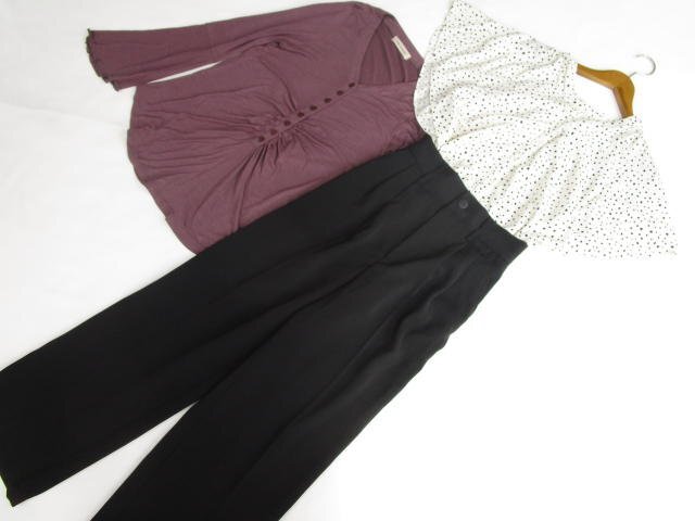 美品 Re:EDIT等 半袖&長袖カットソー+ストレートパンツ コーデ3点セット S相当 白系地 黒 水玉/紫/ブラック シンプル系 20代・30代拍卖