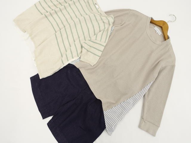 美品 ofalo等 カットソー2点+ハーフパンツ コーデ3点セット M グレー系&白地 縦縞/アイボリー×緑系 縞&白/紺 カジュアル系 20代・30代拍卖