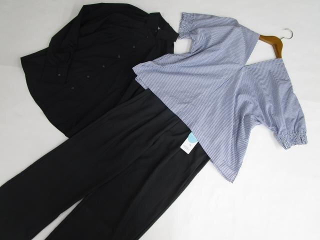 美品 WEGO等 長袖シャツ+五分袖カットソー+ストレートパンツ コーデ3点セット XL 黒/青×白 ストライプ シンプル・きれいめ系 30代・40代拍卖