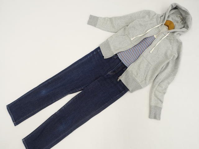 美品 UNIQLO等 長袖パーカー+キャミソール+スキニーパンツ コーデ3点セット S相当 グレー杢/青系 ボーダー/青系 カジュアル系 20代~30代拍卖