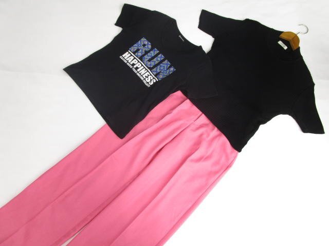 美品 GU等 半袖Tシャツ+五分袖ニットカットソー+ワイドパンツ コーデ3点セット L相当 黒地 青系×白 英字/黒/ピンク クール系 20代~40代拍卖