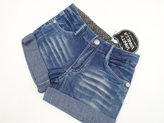 キッズ 新品タグ付 ヴァニティヴァニラ VANITY VANILLA ショートデニムパンツ 150 ブルー系&ホワイト 英字&ブラック 水玉柄 【メール便可】拍卖