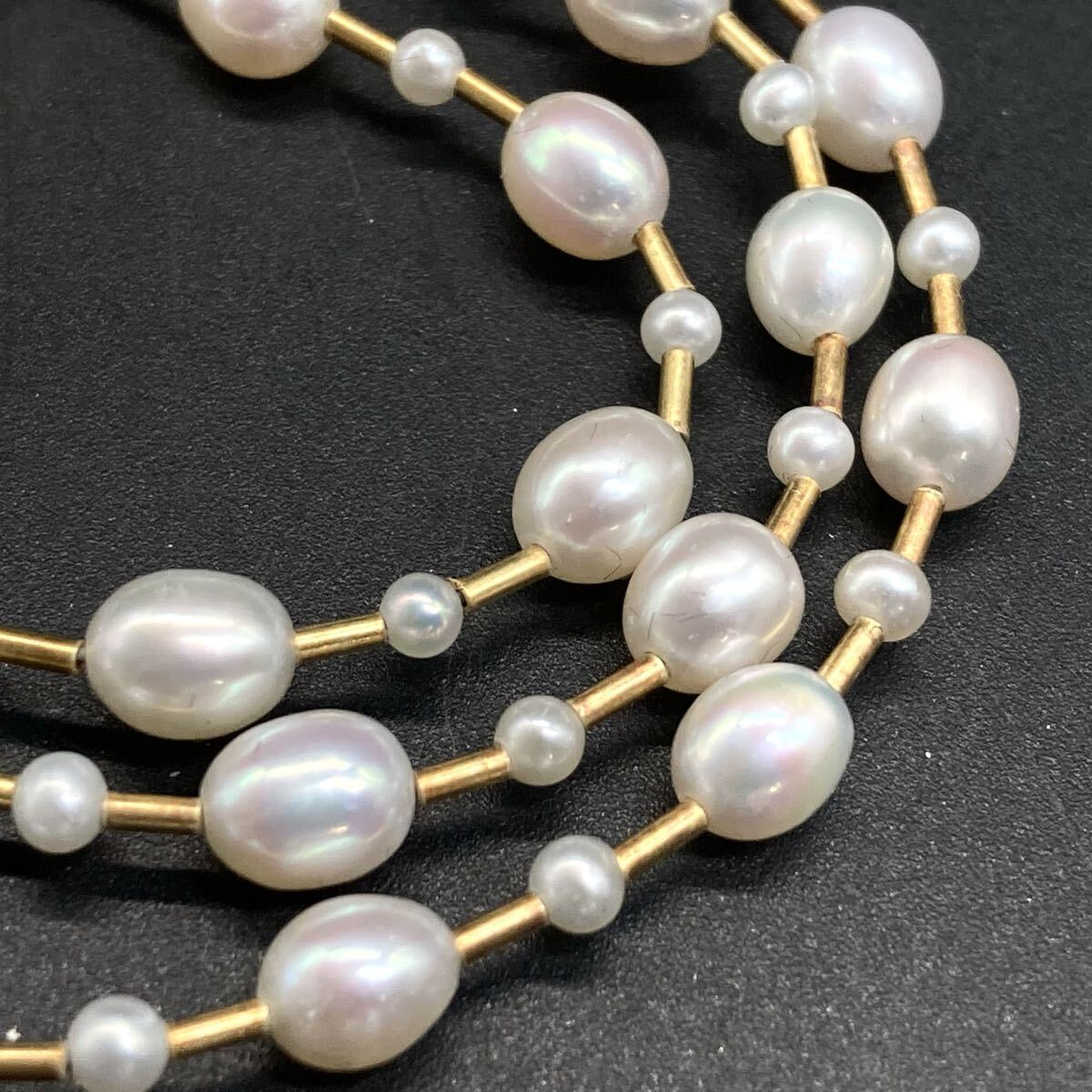 K18!!良品!!■本真珠ステーションネックレス■ n 約8.6g 40cm テリ良し ゴールド ベビー ライス 淡水 pearl necklace gold /ED0 C943拍卖