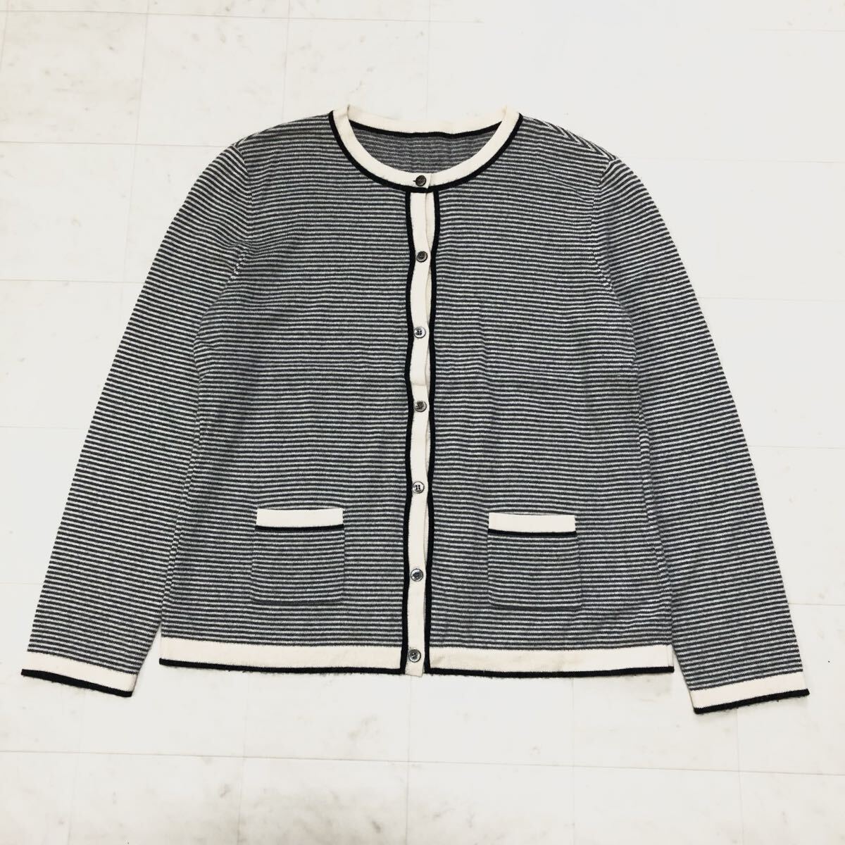 【送料360円】カシミヤ100% Leilian レリアン クルーネックカーディガン カシミア ニット レディース サイズ11 ボーダー柄 HW-99拍卖