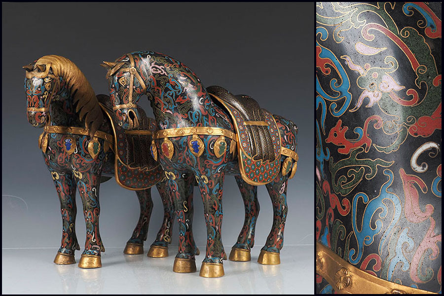 AN33 中国古玩 銅製 細密 七宝細工 馬 一対 高さ43cm / 中国美術 漢代 案頭馬 胎銅七宝 唐物 置物拍卖