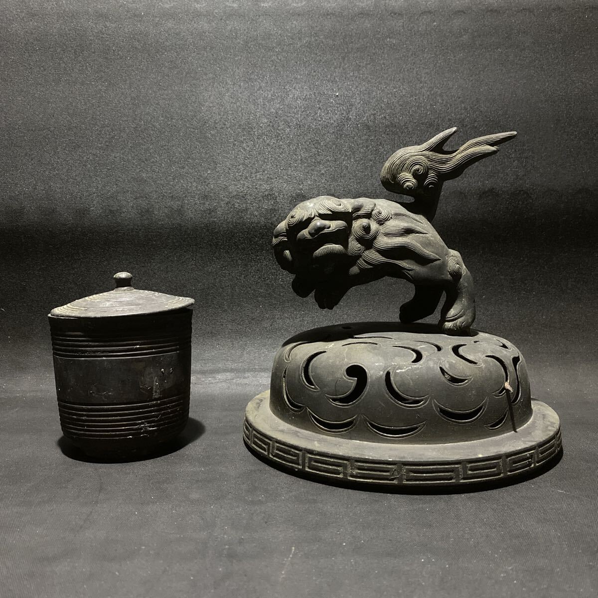 T4283 純銅 骨董 香炉上部 玉乗り獅子 パーツ 古い仏具 総重量2.8kg拍卖