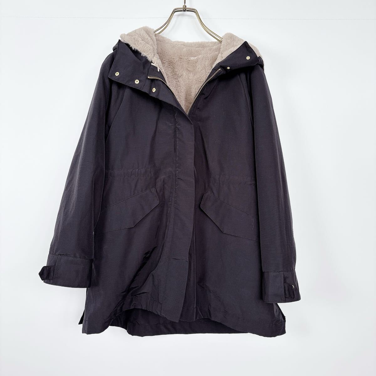 【1着で2役/着回し力◎】earth music&ecology 秋冬コート M 黒/ベージュ モッズコート エコファー ボアブルゾン レディース拍卖