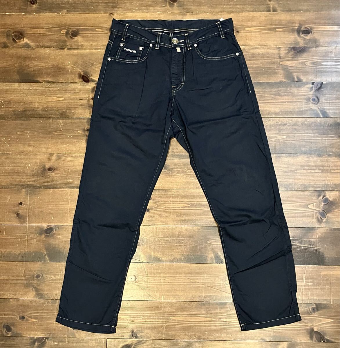 良品 クラシコ名門 Cantarelli カンタレッリ イタリア製 薄手コットン 5ポケットパンツ メンズ44 濃紺 レザーパッチ付き カジュアル仕様拍卖