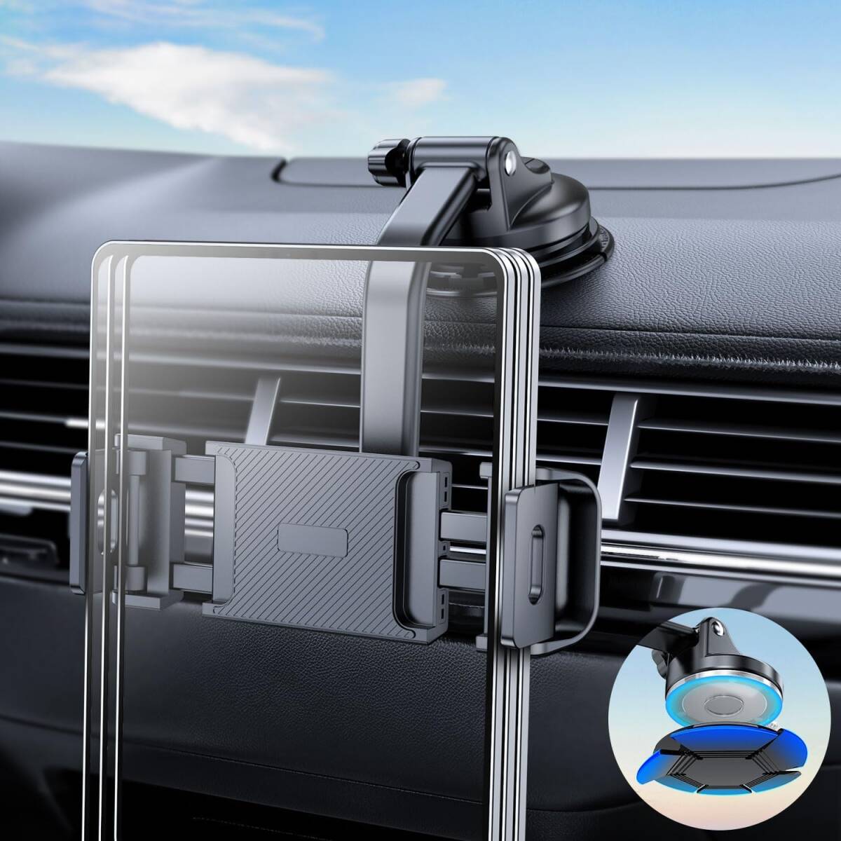 タブレットホルダー (6インチ~11インチ) 車 ダッシュボード用 フロントガラスマウントホルダー iPad用 360°調節可能なクランプ付き 拍卖