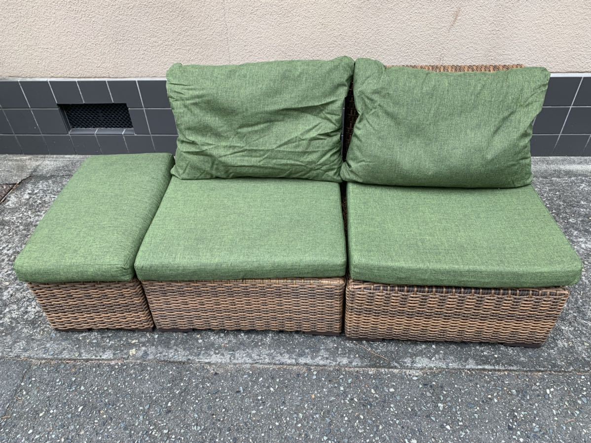 大阪堺市/引き取り限定★フェイクラタン ガーデンソファ イス ラタン風 クッション付き 椅子 チェア 庭 テラス カフェ リゾート★拍卖