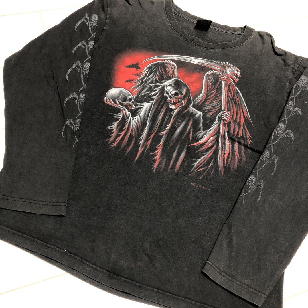 Used 90’sY2K骸骨デザイン袖バックプリントフェードブラックL拍卖