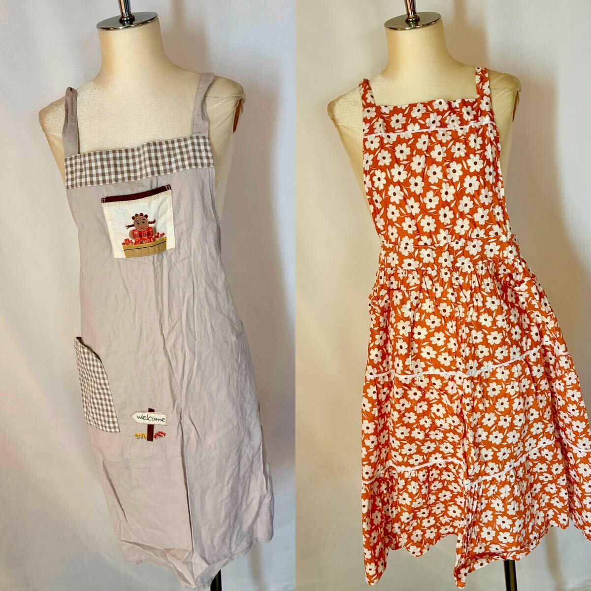 エプロン2点セットコットン綿100%花柄オレンジ朱色系&グレージュ刺繍ワッペン装飾ポケットあり拍卖