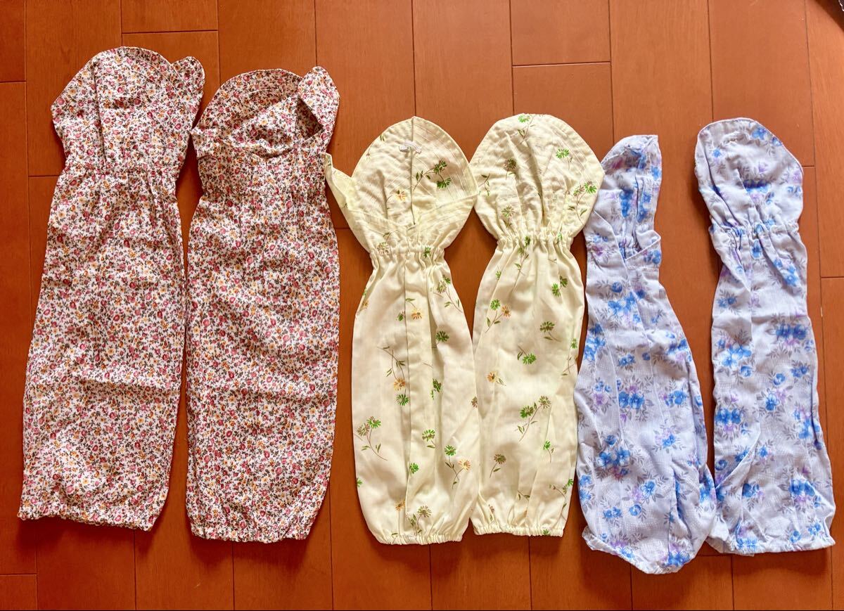 美品3点セット!ガーデニングアウトドア日焼け防止虫除けで指穴付腕カバーロング♪多分コットン素材花柄水色白黄色拍卖
