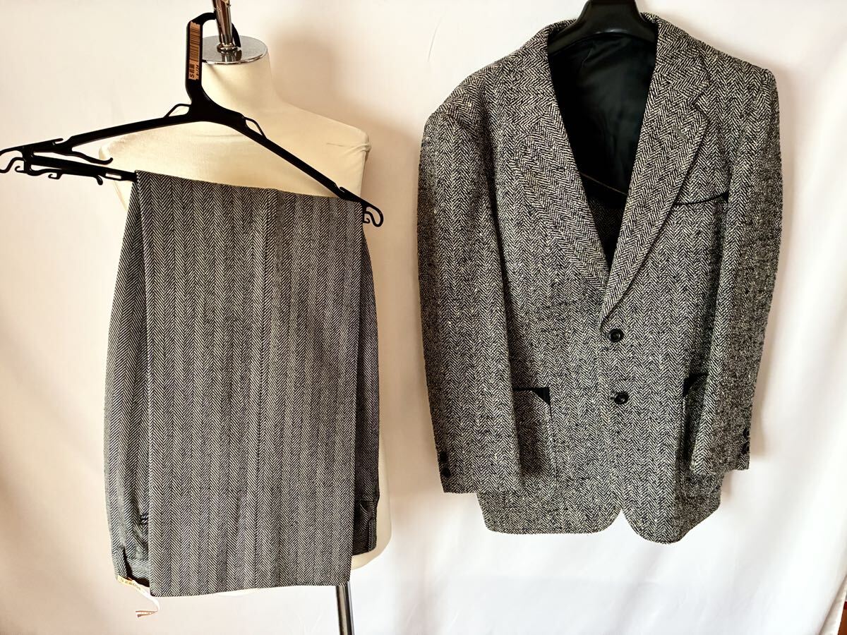 クリーニング済ACEMANメンズ秋冬用スーツジャケットパンツセットL黒ブラック系♪ウール毛90%ナイロン10%ツイードヘリンボーンセットアップ拍卖