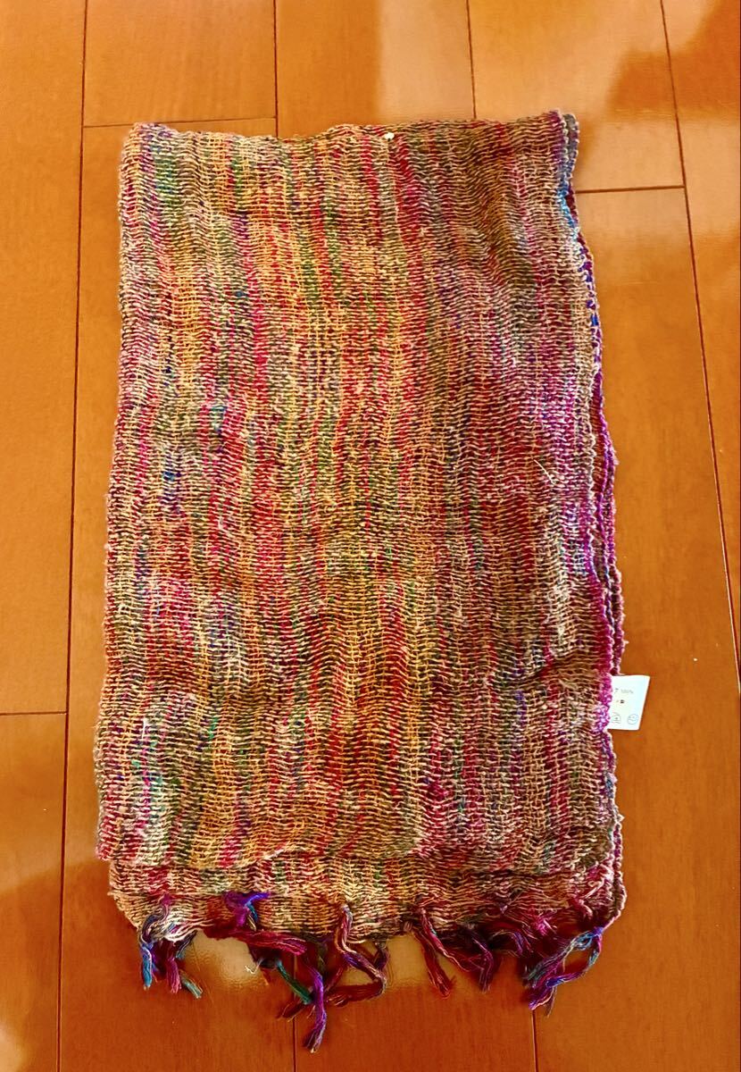 美品インド製インドシルク絹100%7ストールショール150×12cmくらい♪マルチカラー織生地ピンク黄色オレンジ夏は涼しく冬は暖かいシルク軽量拍卖