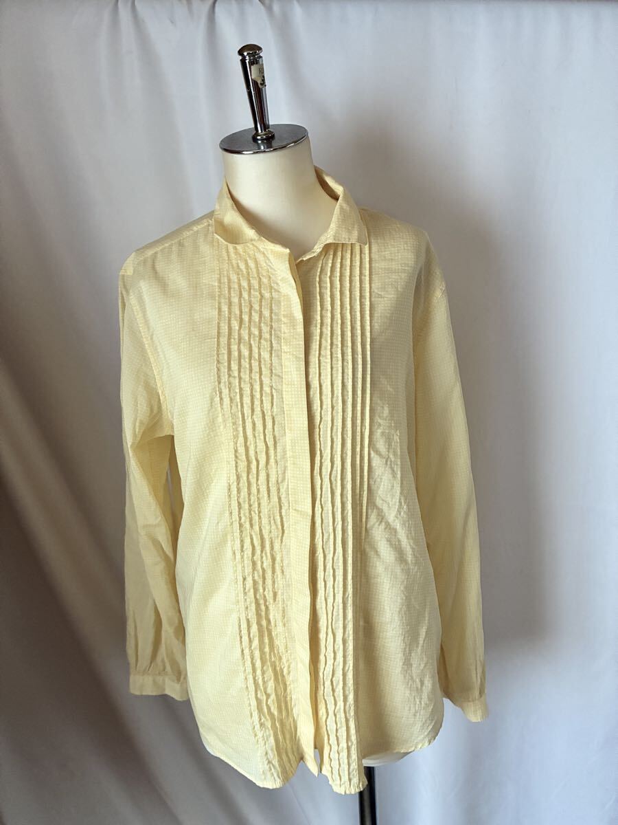 美品INES DE LA FRESSANGE UNIQLOUNIQLOコラボ長袖シャツブラウスL黄色イエロー白ホワイトチェック柄♪綿コットン100%薄地日焼け防止にも拍卖