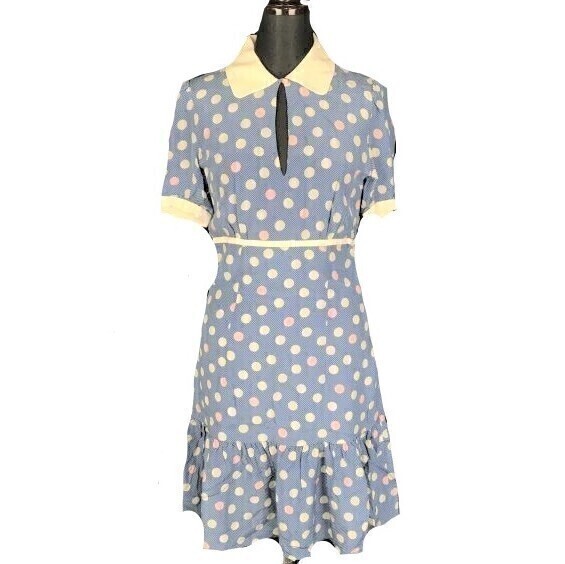 PAUL&JOE★シルク100%/水玉/半袖ワンピース【36/レディースS/青系】サイドジップ/襟付き/ポール&ジョー◆BF297拍卖