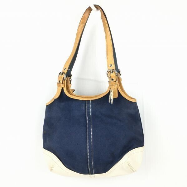 COACH/コーチ ハンドバッグ 肩掛け ショルダー ネイビー×白 花のチャーム付き 管NO.B8-34拍卖