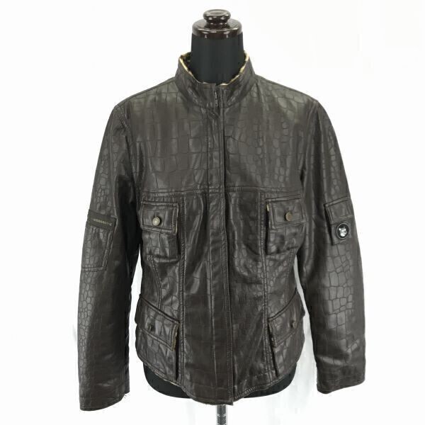 伊太利屋★裏地ヒョウ柄起毛/フェイクレザー/ライダースジャケット/ブルゾン【サイズ9/レディースM/暗茶】比翼仕立て◆BC33拍卖