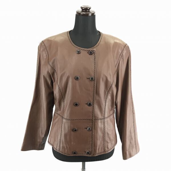 パリエンヌキュイール★本革?/ラムレザー?ダブルブレストジャケット【11/L/茶】ノーカラー/総裏地/PARIENNE Cuir◆BC124L拍卖